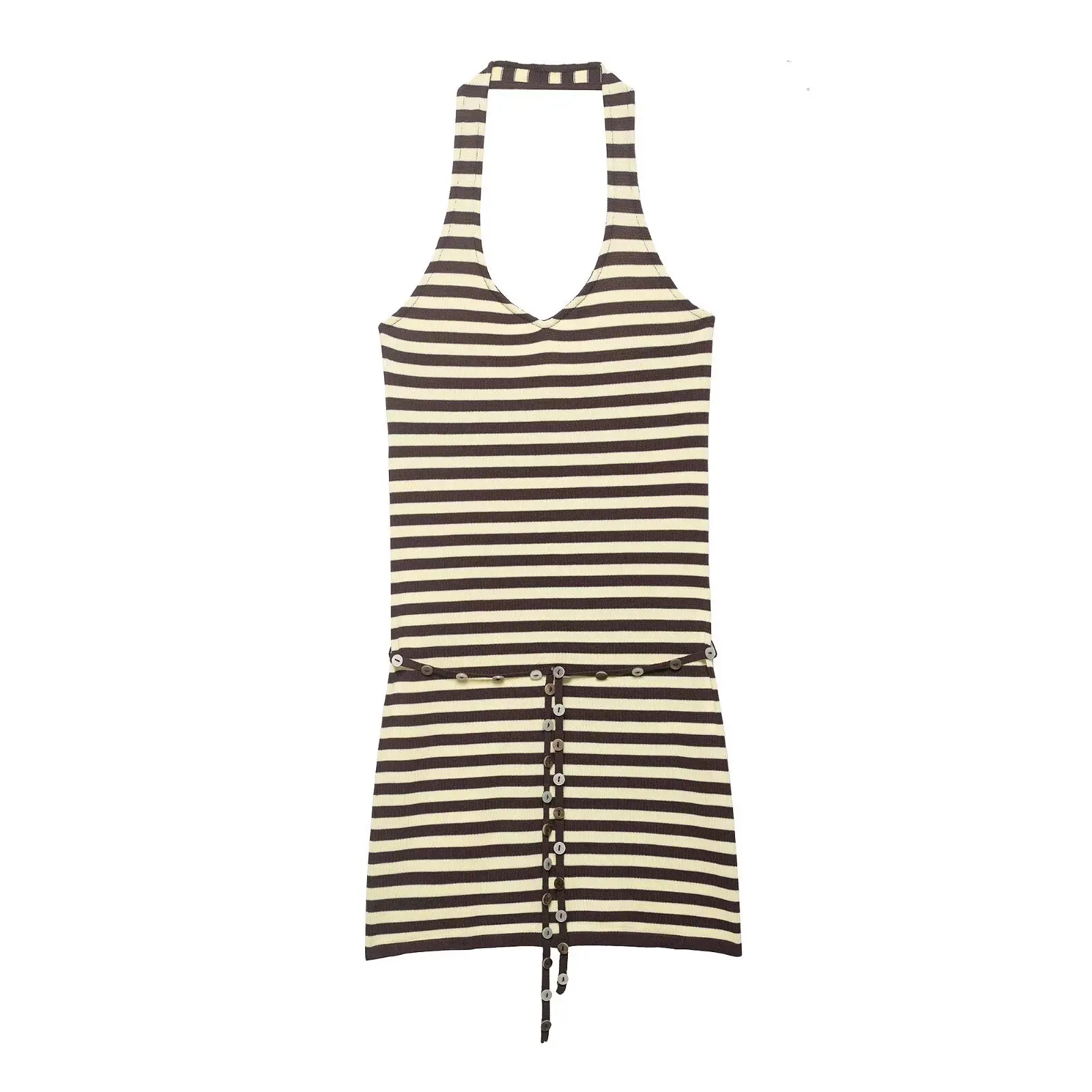Women Black Beige Striped Lace Up Slim Mini Dress Halter Neck Sleeveless Bodycon Robe 2026 Daily Party High Street Club Outfit