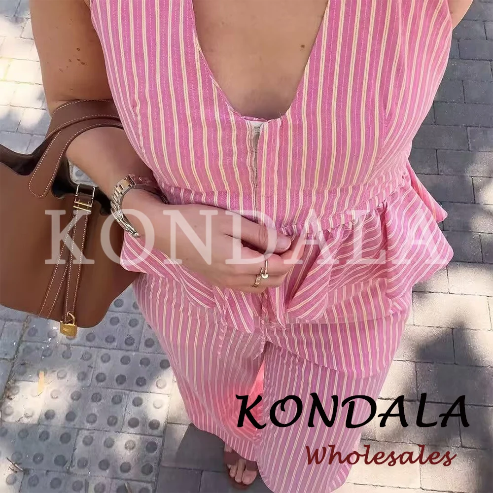 KONDALA Chic Summer Pink Striped 2026 Women Suit Neck-mounted Short Vest+ Drawstring Wide Leg Long Pants Fashion Y2K Female Suit - view 3