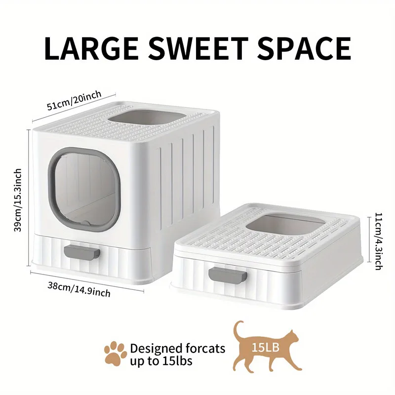 New High Appearance Fully Enclosed Cat Litter Box, Foldable Odor Control Anti Splashing Cat Toilet with Pull‑Out Tray, Easy‑to‑C