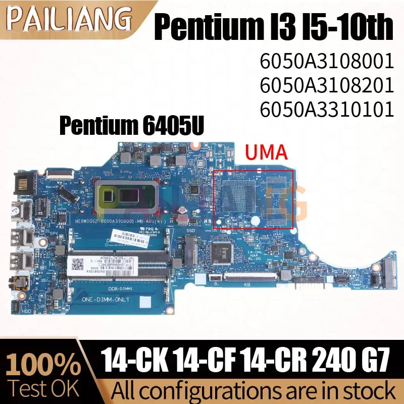 Pentium I3 I5-10th For HP 14-CK 14-CF 14-CR 240 G7 Laptop Motherboard 6050A3108001 6050A3108201 6050A3310101 Nothbook Mainboard