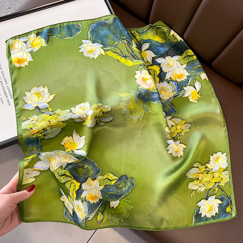 100% Real Silk Square Scarf for Women Luxury Design Pattern Oil Painting Floral Bag Ribbon Hairband Bandana Neckerchief