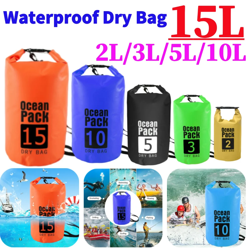 PVC Waterproof Dry Bag 2/3/5/10/15L Outdoor Diving Foldable Storage Beach Swimming Bag For Rafting River Ocean Fishing Backpack
