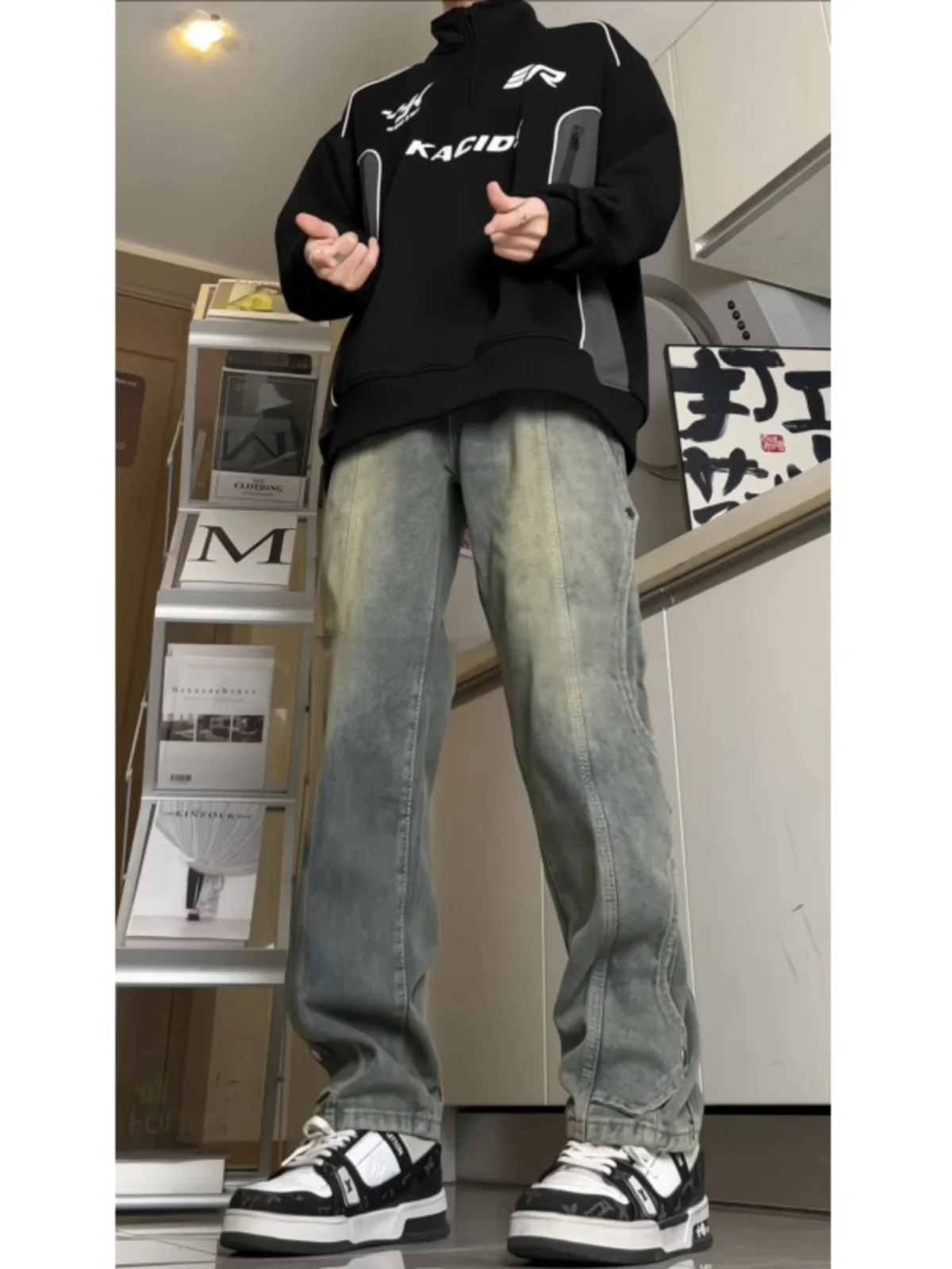 

American High Street Vibe Men's Retro Mud Dye Button Denim Casual Long Pants Youth Fashion Jeans Straight Leg Loose Fit