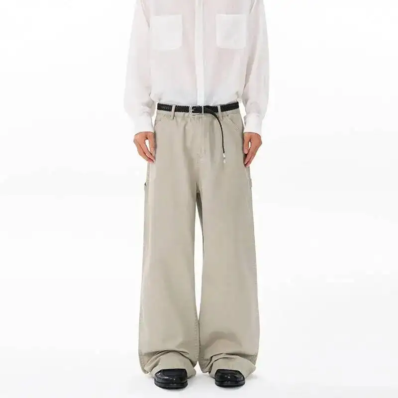 Men's Carpenter Cargo Pants Vintage Washed Multi Pocket Straight Leg High Waist Clean Fit Streetwear Daily Trousers SM49
