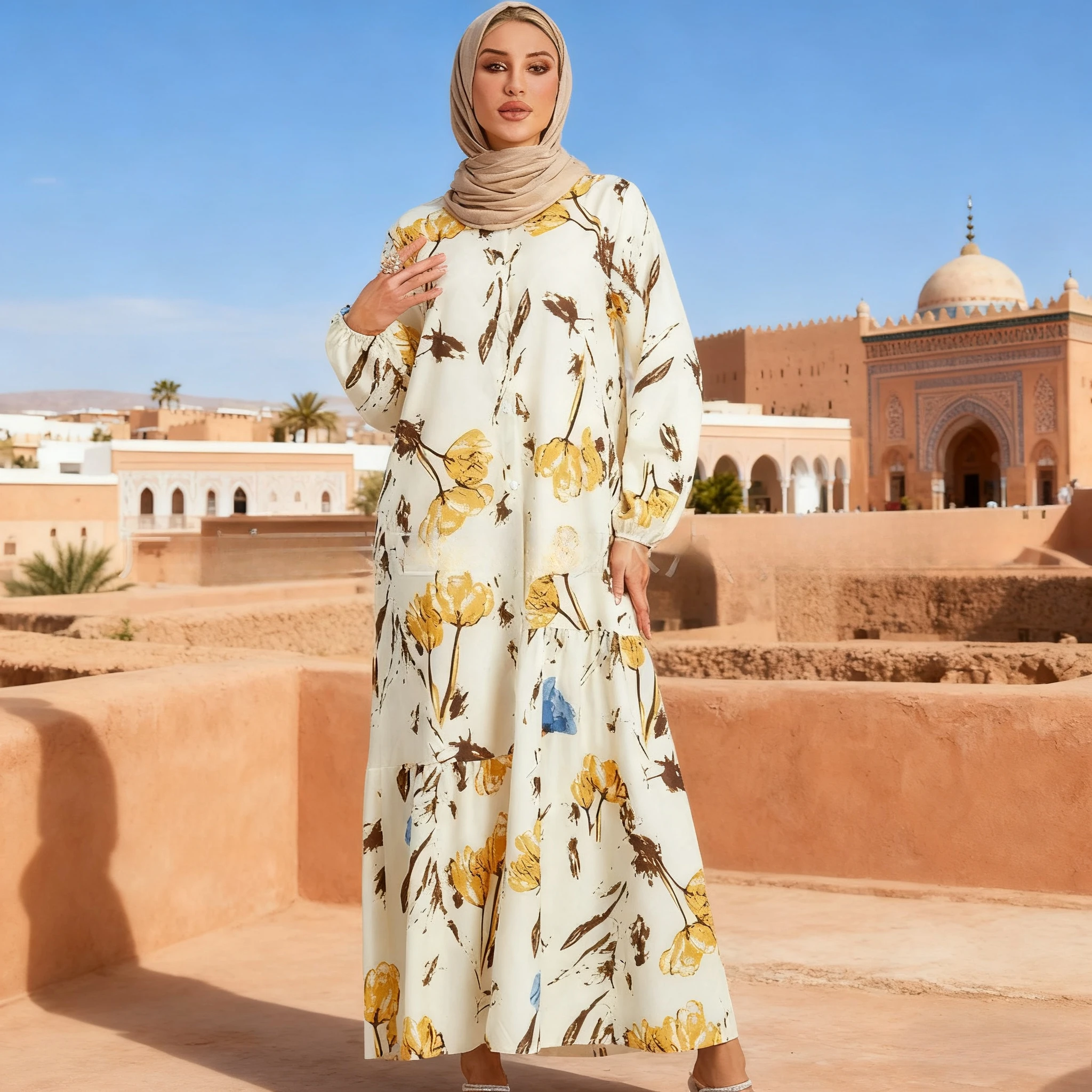 

Мусульманское платье, женское вечернее платье с цветочным принтом Абая, Рамадан Ид, арабский длинный халат на пуговицах, марокко, Дубай, кафтан, Vestidos Jalabiya