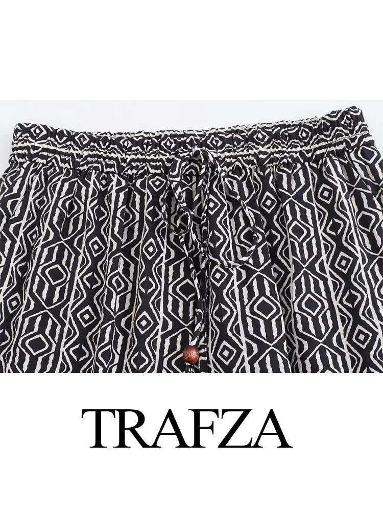 TRAFZA Trousers For Women Summer Elegant Printed Side Pockets Decorated Elastic Waist Wide Leg Pant Lace-up High Street Mujer