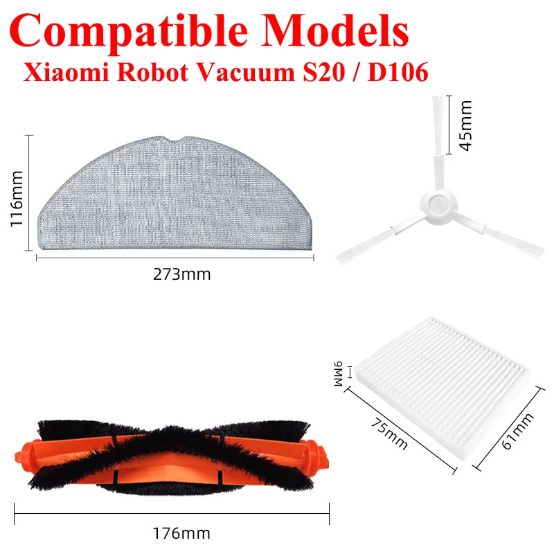 Compatible For Xiaomi Robot Vacuum S20 / D106 Parts Main Side Brush Hepa Filter Mop Cloth Dust Bag Replacement Spare Accessories