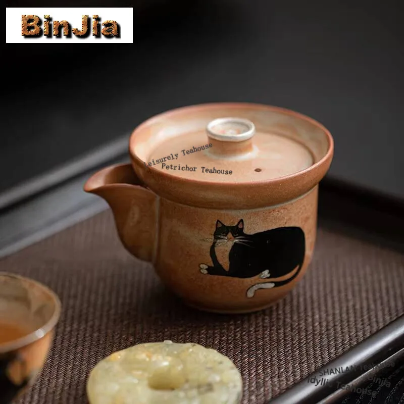 130ml Hand-painted Zhiye Cat Hand Grab Pot Japanese Double Edge Anti Scalding Pot Tea Wood-fired Porcelain Tea Brewing Kettle