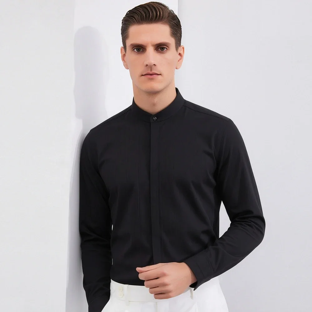 Modern Men's Minimalist Mandarin Collar Work Shirts Micro Stretch Dress Long Sleeve Without Pocket Front Concealed Button