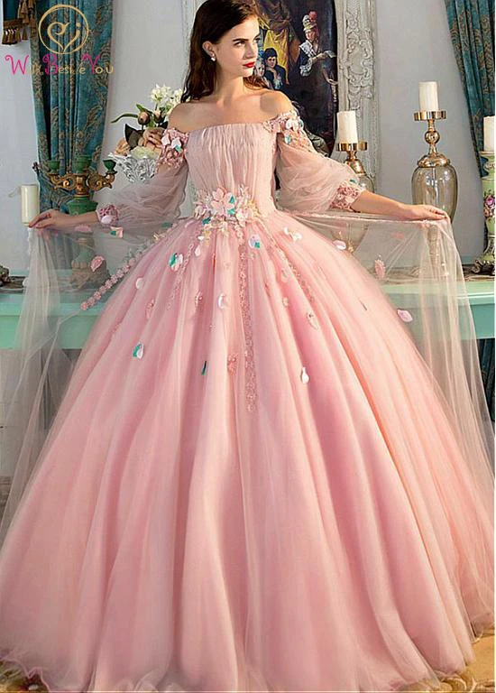 

Off Shoulder Pink Quinceanera Dresses 2024 Long Floor Length Floral Lace Applique Ball Gown Boat Neckline Prom Evening Gowns