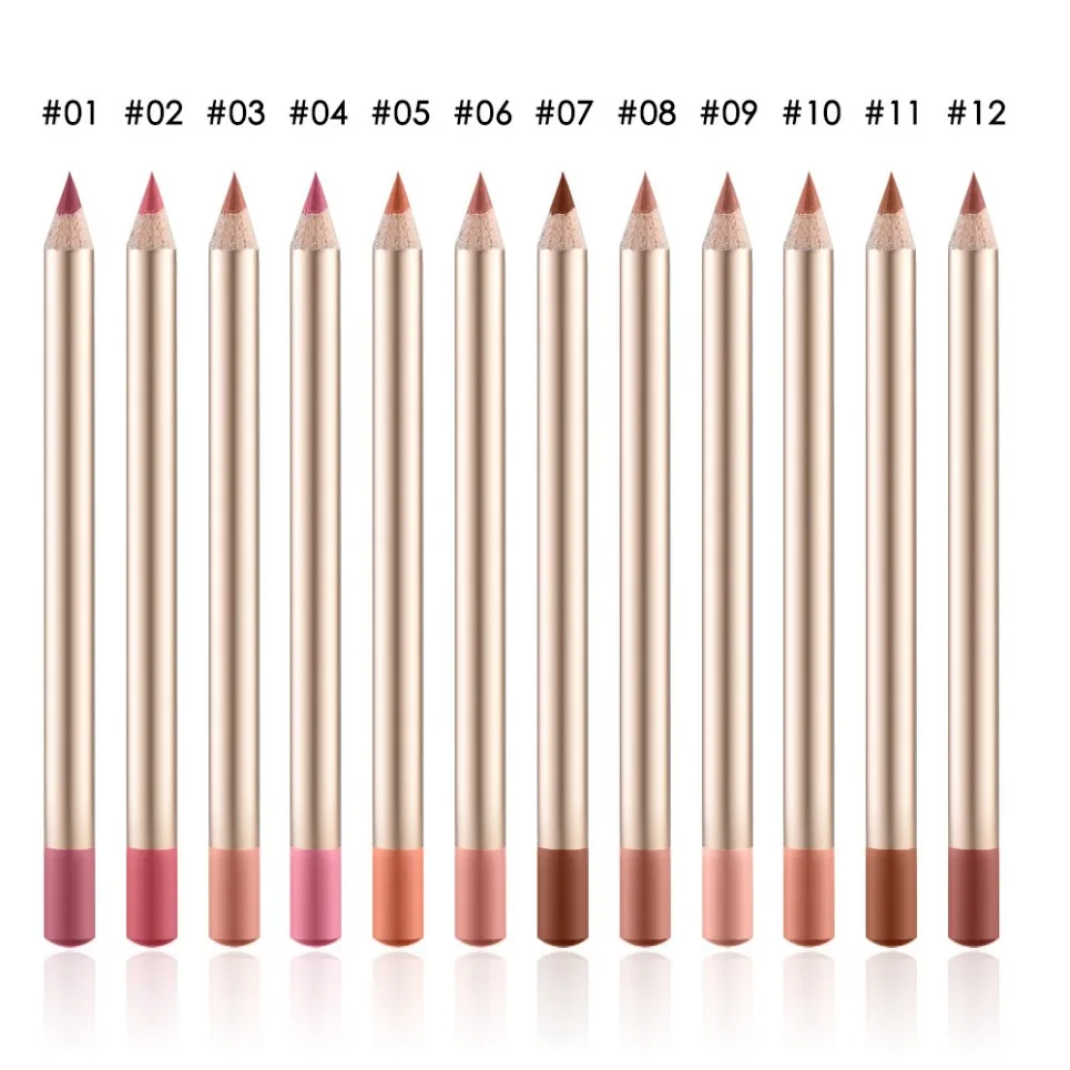 Matita per labbra in legno a 12 colori Etichetta privata Matita per rossetto impermeabile a prova di sbavature Lipliner Logo personalizzato Trucco all'ingrosso vegano
