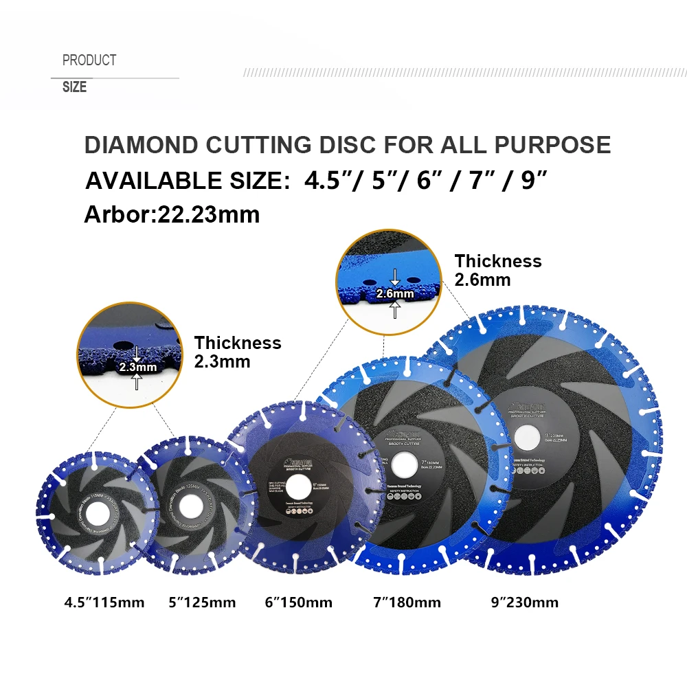 Shdiatool 1/2 peças lâmina de serra de diamante dia115/125/150/180/230mm para pedra ferro aço granito mármore plástico disco de corte de demolição