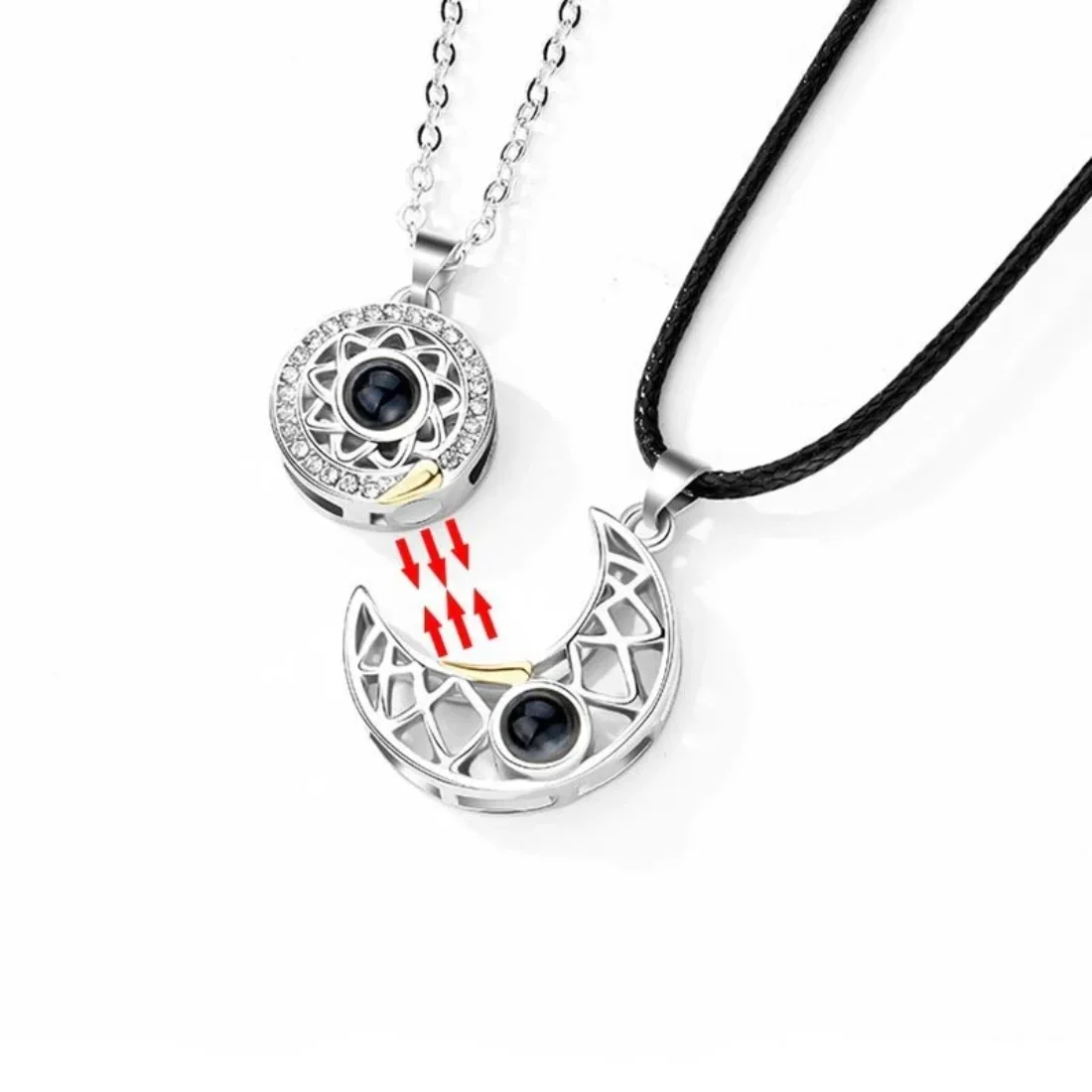 2PCS Magnetic Couple Matching Necklace 100 Language I Love You Projection Sun Moon Heart Magnet Paired Pendant Choker Lover Gift