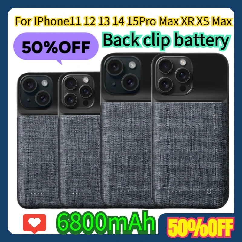 

For IPhone11 12 13 14 15Pro Max XR XS Max Mini Portable Power Bank Charging Cover Back Clip Battery 6800mAh Battery Charger Case