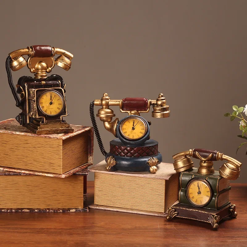 Retro Telephone Models Clock Ornament Creativity Study Cafes Restaurant Resin Table Clock Ornaments Home Decorations