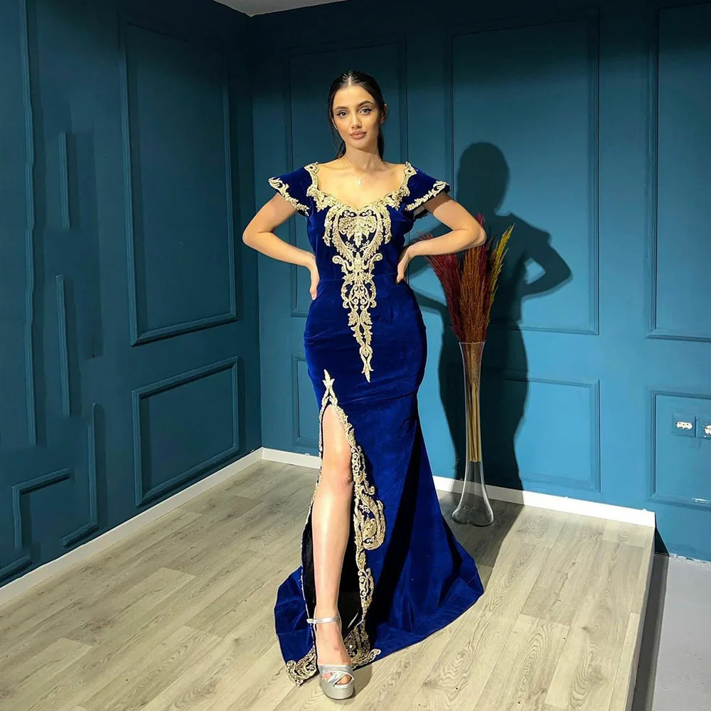 

Msikoods Moroccan Caftan Mermaid Evening Dress Gold Appliques Lace Cap Sleeve Blue Mermaid Velvet Arabic Prom Gowns Party Dress