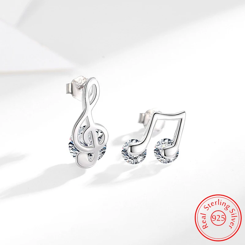 Solid 925 Sterling Silver Woman's Fashion Jewerly Crystal Musical Symbols Stud Earrings New XY0553