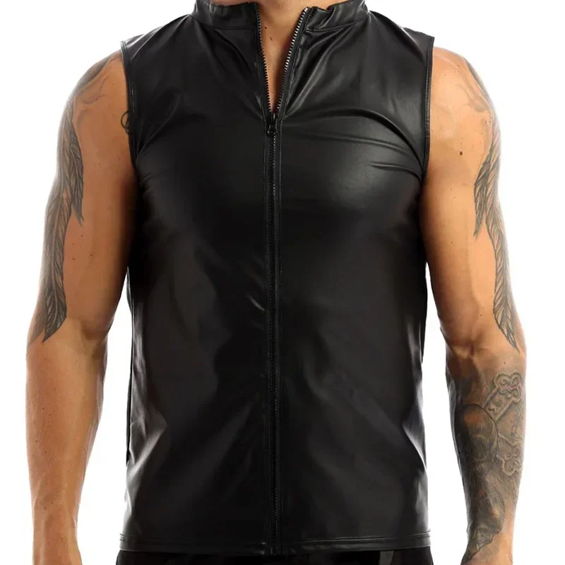 Chaleco de piel sintética de látex para hombre, camiseta sin mangas con cremallera frontal, Top abierto de PU, nuevo, informal, entretenimiento, verano, personalizado, negro mate