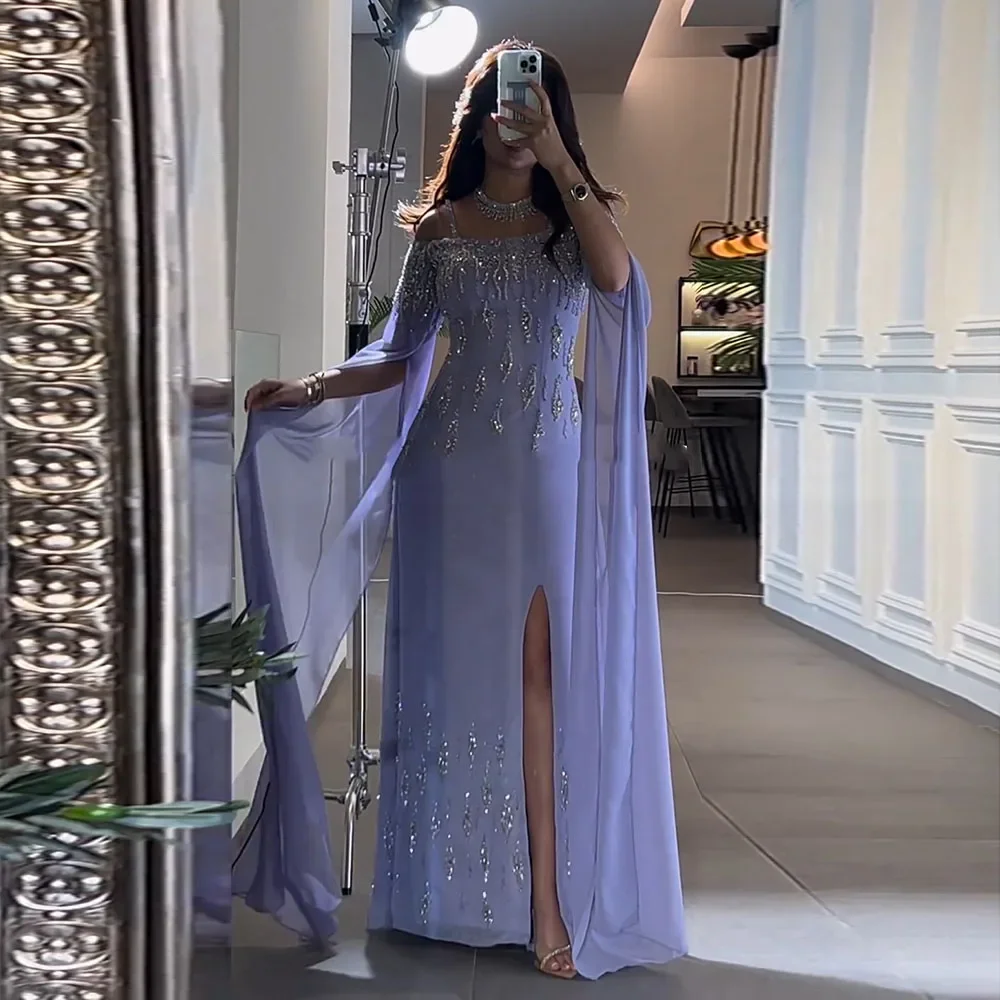 

Arabic lilac Mermaid Prom Dresses Cap Sleeves High Split Beaded Luxury Evening Dresses Gowns Women Wedding Party Dress