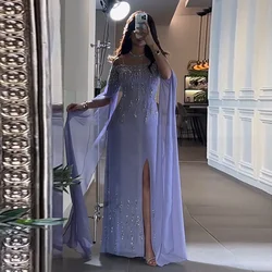 Arabic lilac Mermaid Prom Dresses Cap Sleeves High Split Beaded Luxury Evening Dresses Gowns Women Wedding Party Dress