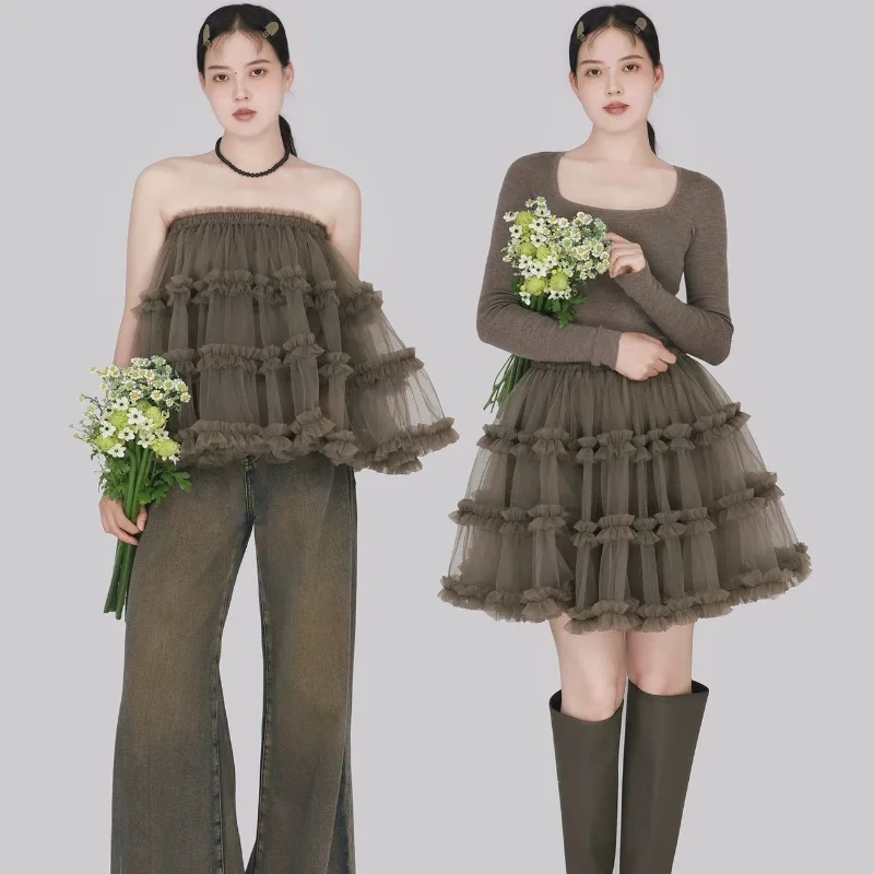 Women High Waist Elastic Mesh Cake Skirt Ruffle Tiered Flared Mini Skirt Strapless Two Wear Anti Exposure Tutu Skirt