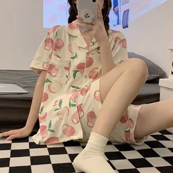 Pajamas Women's Spring and Summer Three-piece Set Cute Peach Girl Student Short Sleeves Long Pants Shorts Can Be Worn Outside