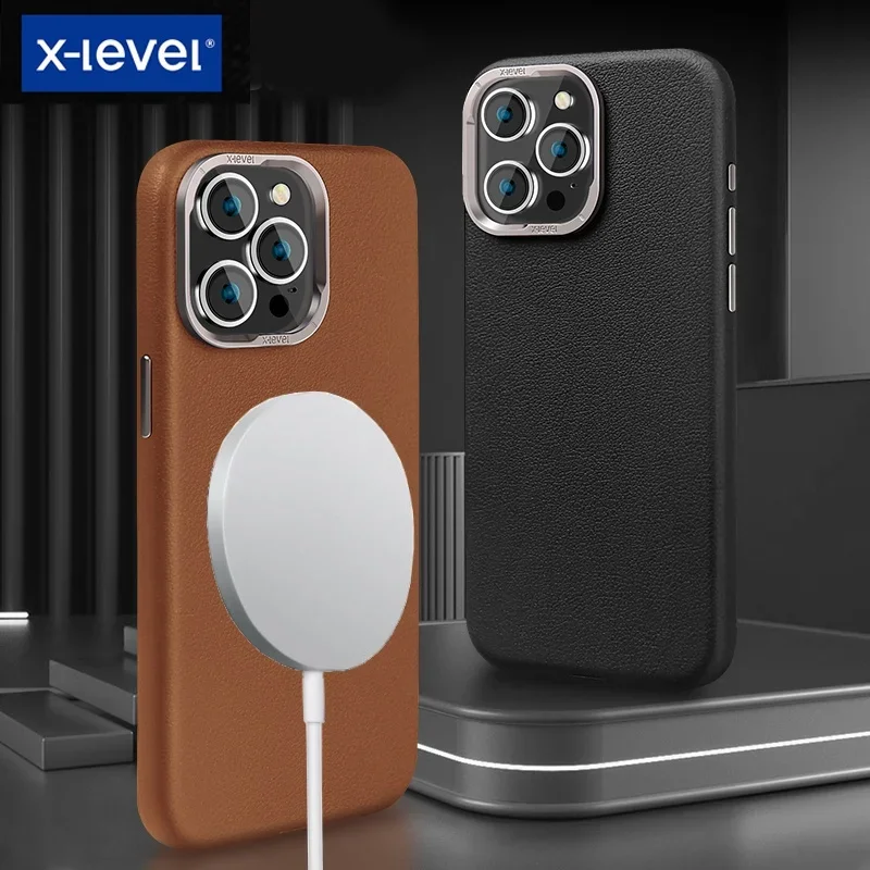 X-Level Magnetic Genuine Cowhide Leather Case For iPhone 15 Pro Max 15Pro Wireless Charging Plating Camera Len Button Back Cover