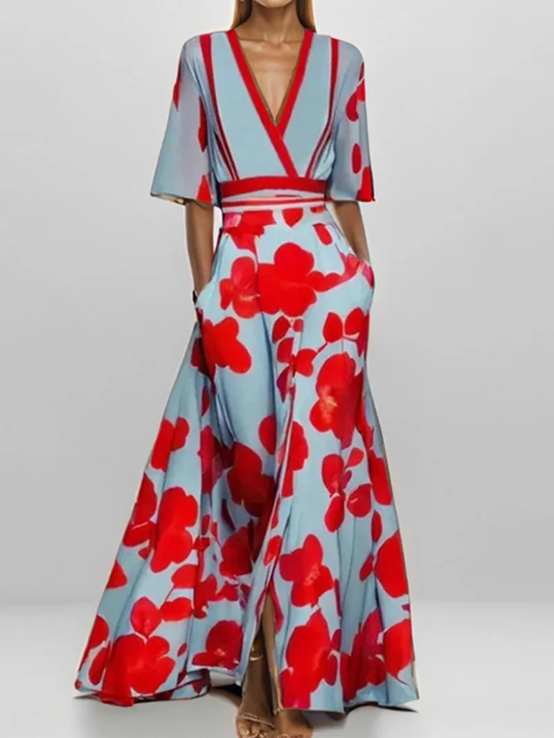 夏の女性のファッション V ネックベルト付きパーティーロングドレスセクシーな印刷自由奔放に生きるマキシドレス半袖ポケット Femlae ホリデー RXJ8