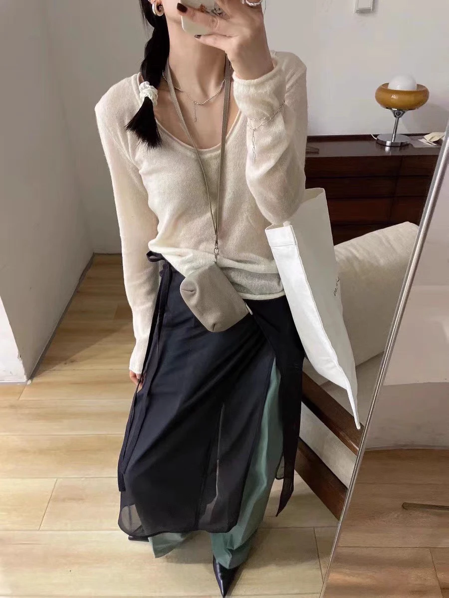 

Soft Cozy Large round Ne Knitwear Top Women's Sle Slimming Base Layer Two-Sided Wear Commute Faion Loose Fit Long Sve