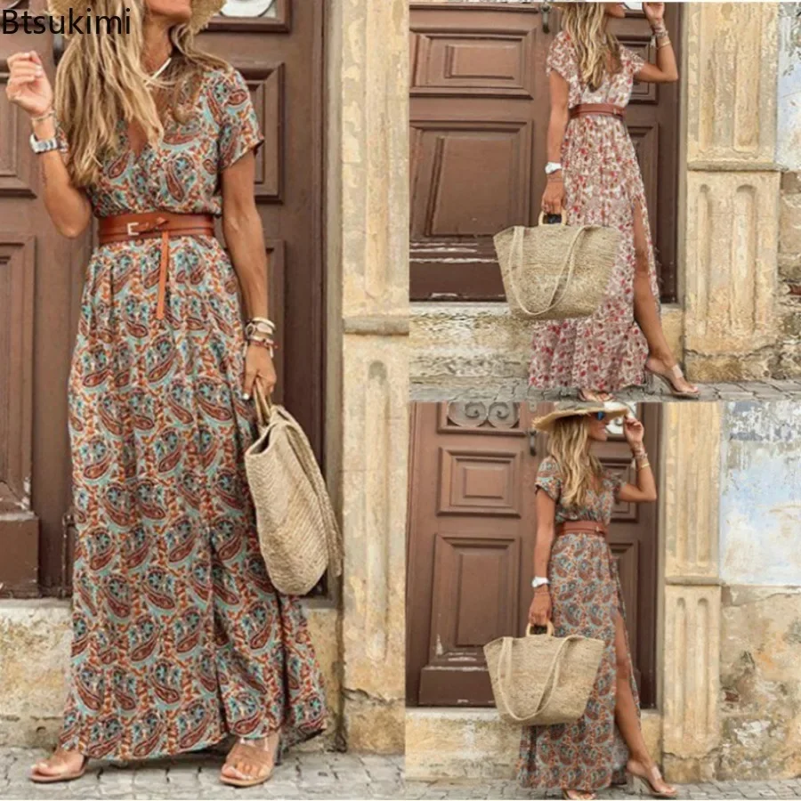 

2024 Women's Summer Elegant Paisley Print Long Dress Deep V Neck Short Sleeve Sexy Long Slit Beach Party Maxi Dress with Belt