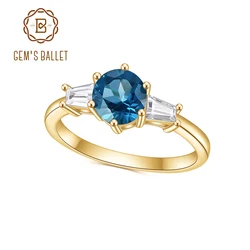 GEM'S BALLET 925 Sterling Silver Birthstone Natural London Blue Topaz Three-Stone Engagement Ring Gift For Her Gold Jewelry