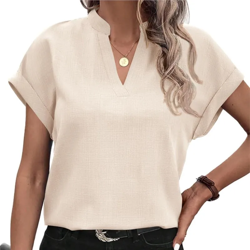 

Loose Tops 2025 Summer Casual Solid Color V-neck Short Sleeved Shirt For Women Black Pullover Blouses Femme Blusas Ropa Mujer