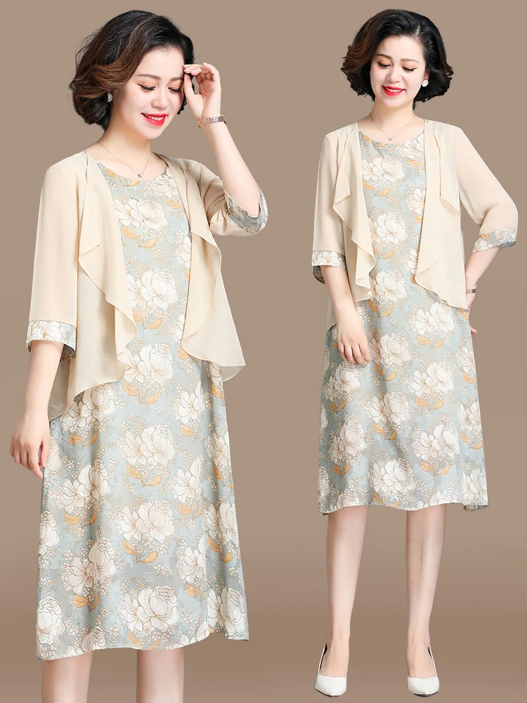 

Elegant Summer Dress for Middle-Aged Mothers Chiffon Women's Set Two-Piece Korean Fashion Loose Style round Neck Midi Dress