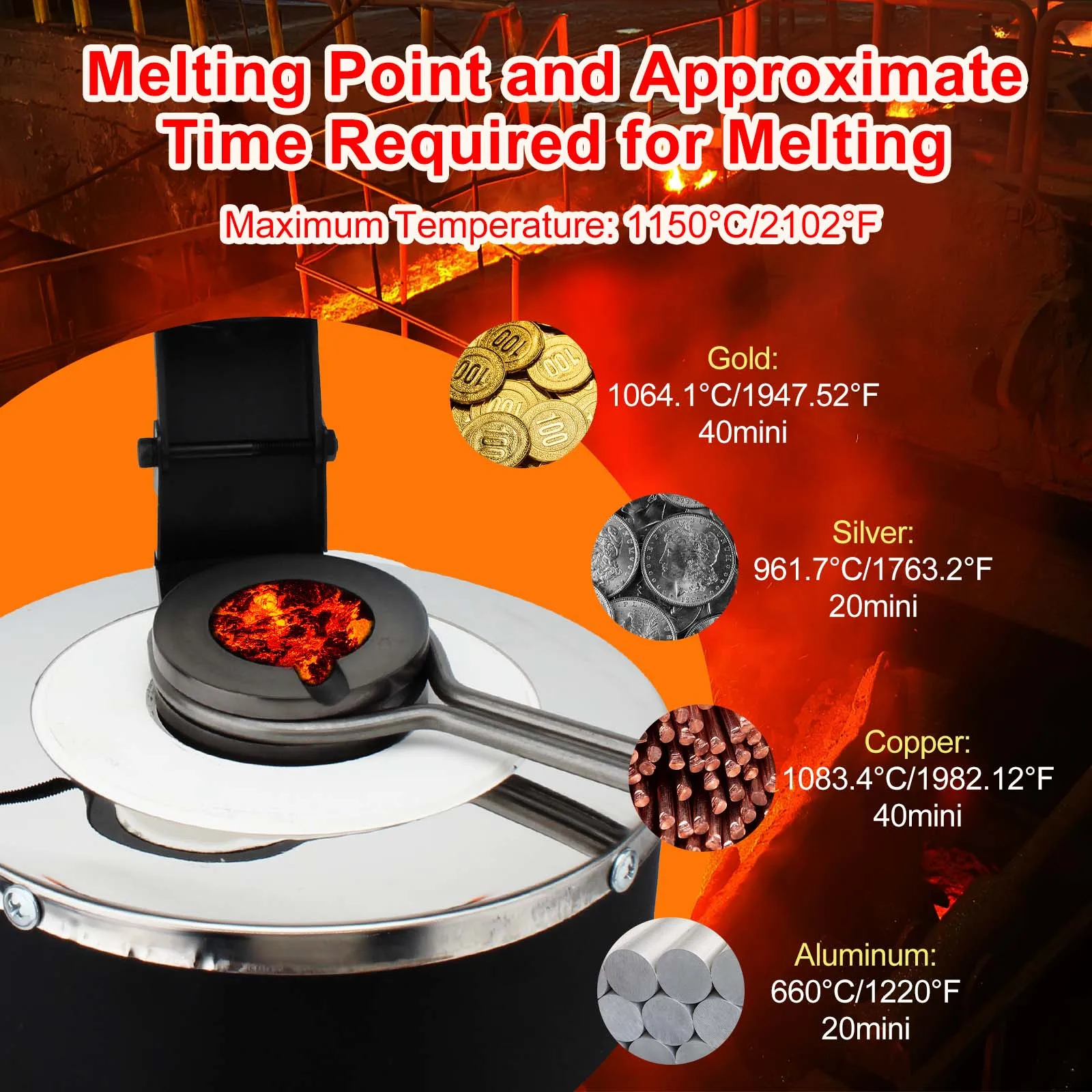 1/2/3kg 2000F Mini Digital Electric Gold Melting Furnace Melting Furnace with Graphite Crucible for Tin Silver Copper Aluminium