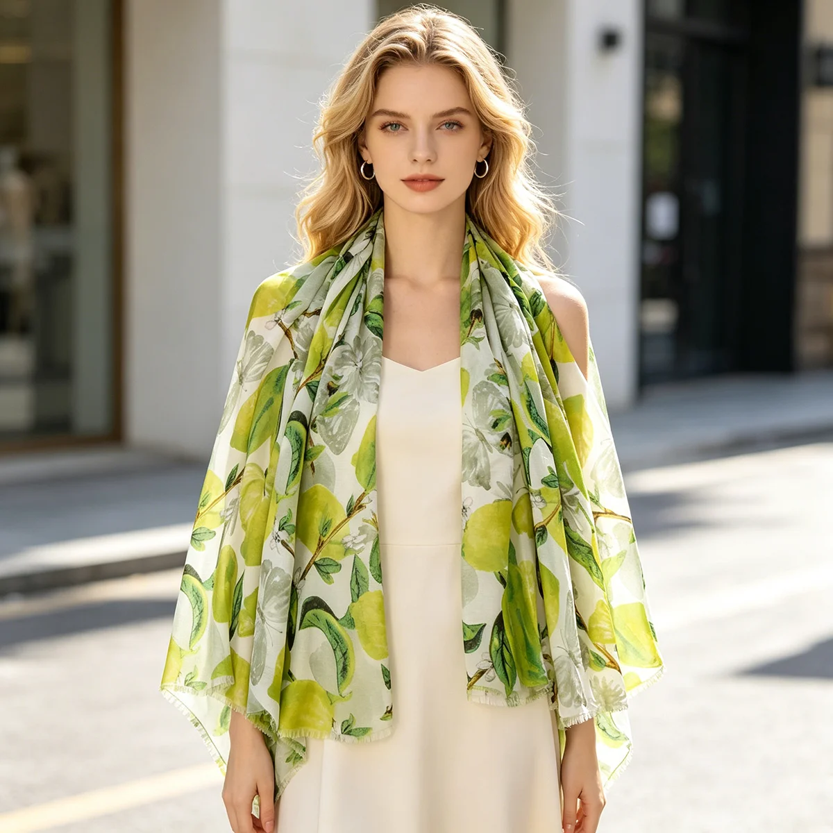Women's Green Lemon Floral Butterfly Printed Scarf, Lightweight Long Shawl with Fruit Pattern,180x88cmElegant Neck Wrap
