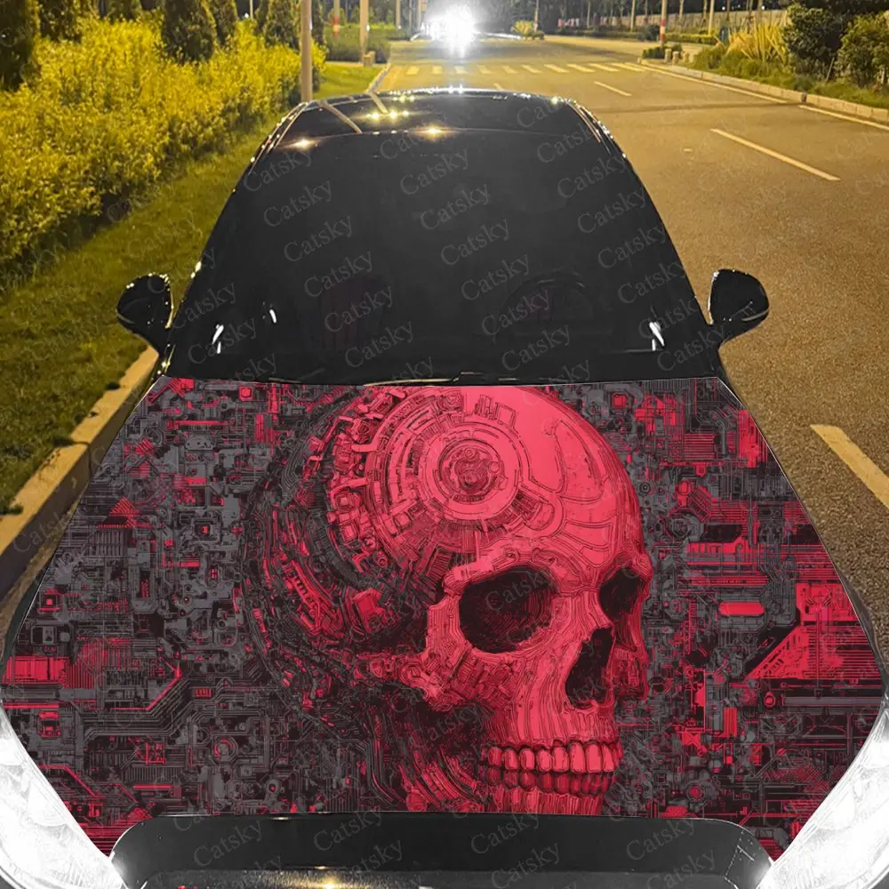 

Car Decal Red Cyber Skull with Digital Textural Artistic Fusion Design, Creating a Mysterious and Tech-Noir Visual Car Hood Stic