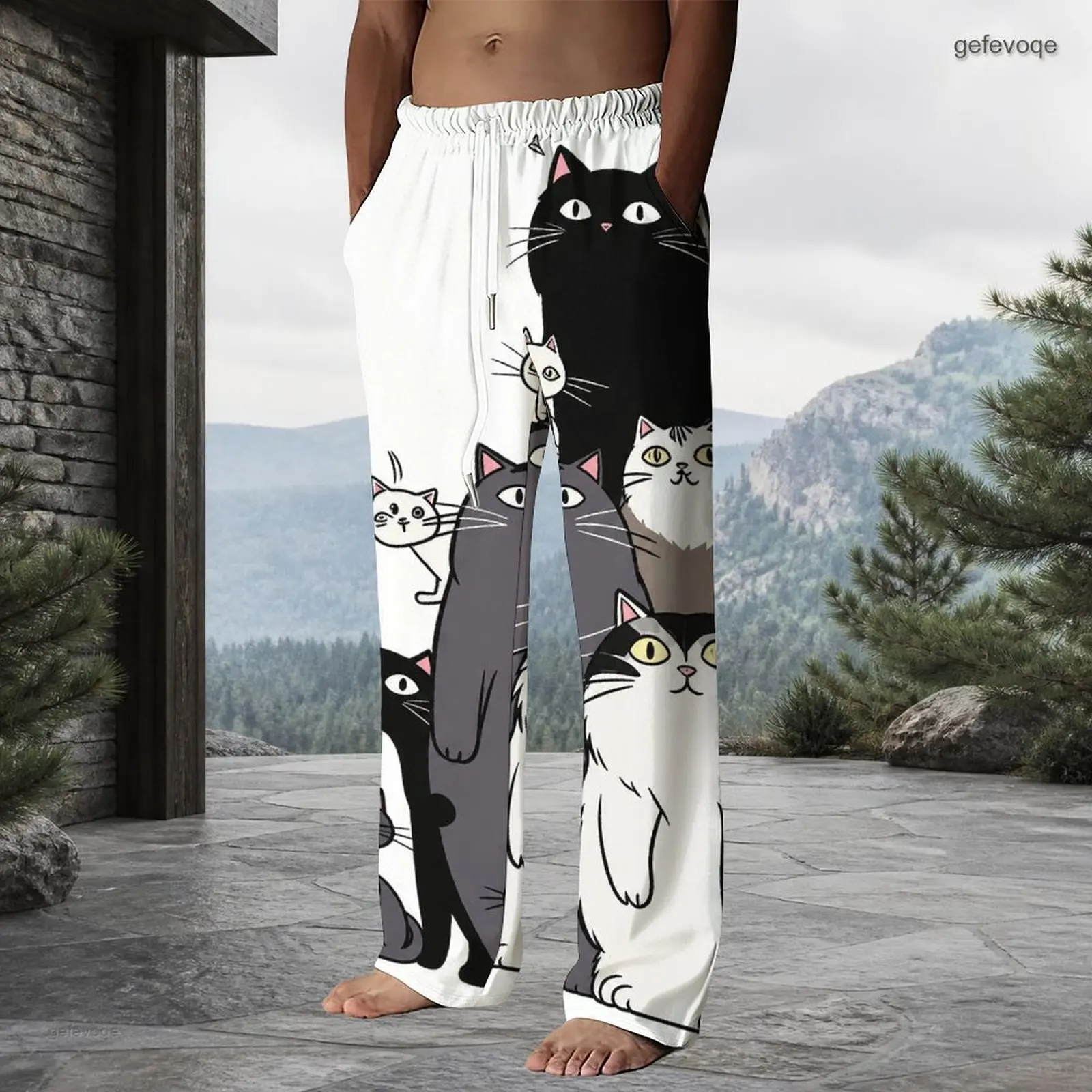 Men Drawstring Waist Full Length Straight Leg Pants, Printed Yellow Rubber Duck Blue Casual Trousers
