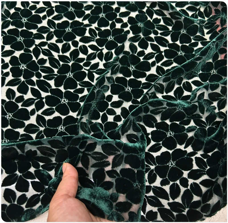 Dark Green Small Flower Hollow Out Real Velvet Burnt Out Mulberry Silk Velvet Fabric Cheongsam Dress Shirt Shawl Clothing Fabric