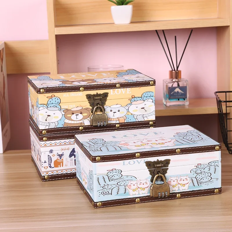 Household storage box with lock desktop skin care cosmetics storage code  small wooden box