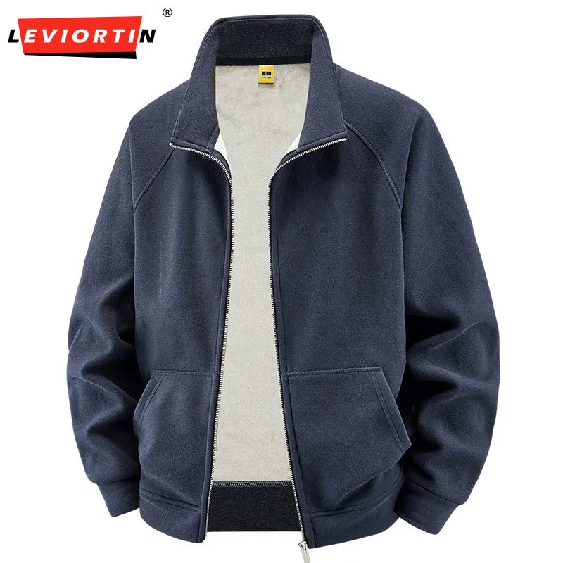 2026 Winter New Men's Fashion Urban Velvet Plus Thick Zipper Design Stand up Collar Solid Color Warm and Casual Combination Coat