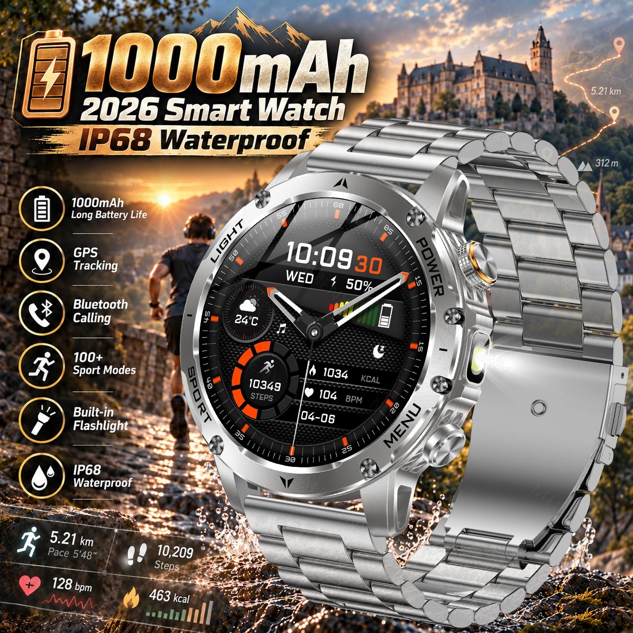 Montre connectée 1000 mAh pour hommes, nouvelle montre de sport d'extérieur 2026 avec appel Bluetooth, ECG, étanche IP68, lampe de poche, grande batterie, suivi d'activité physique, écran AMOLED 1,7 pouces, Android iOS