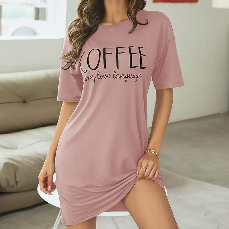 

Women Milk Silk Nightgown Summer Short Sleeve Letter Print Sleepdress Loose Casual Homewear Soft Comfortable Night Dress