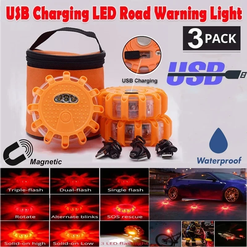 LED Emergency Lights Flare 9Modes Safety Warning USB Rechargeable Flashing Lamp Red Strobe Dash Light for Trucks Vehicle Car