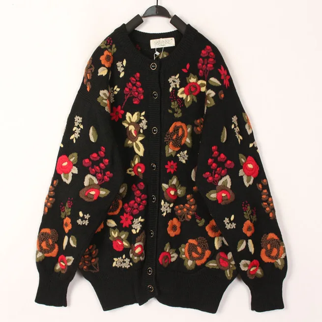 

Sweet Vintage Hooked Wool Sweater Overhead Coat Japanese Harajuku Style Warmth Commute Loose Long Sleeve round Neck Coat