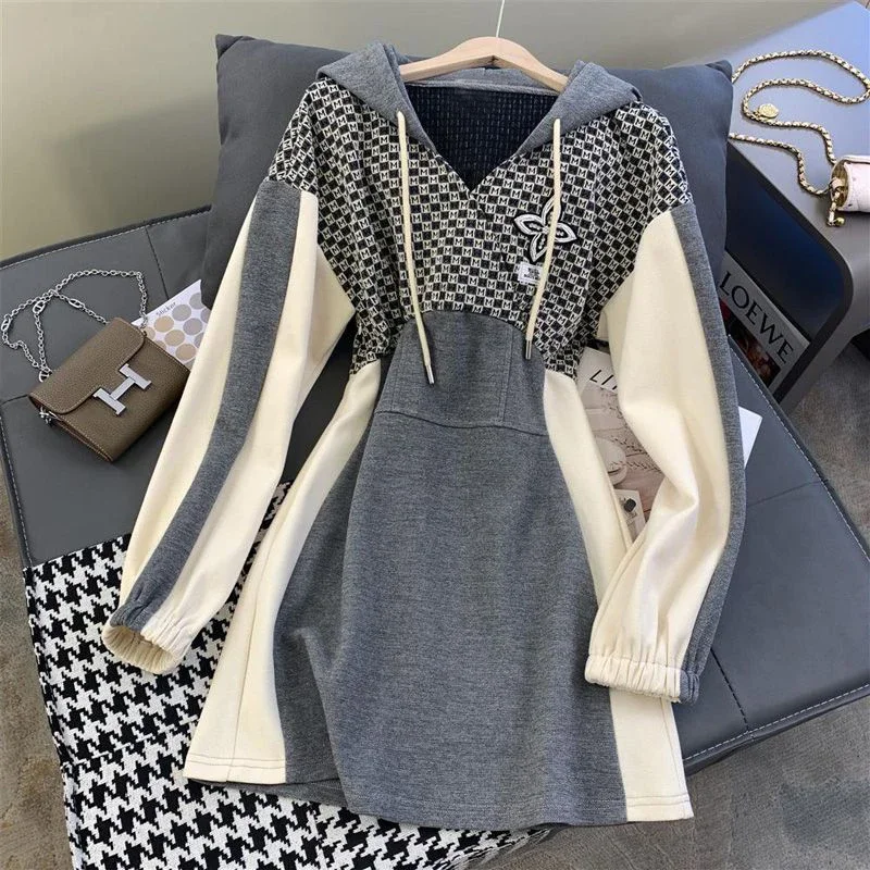 

Women's Korean Vintage Embroidery Plaid Patchwork Y2K Hooded Dress Luxury Chic High Waist Long Sleeve Bodycon Sexy Mini Dresses