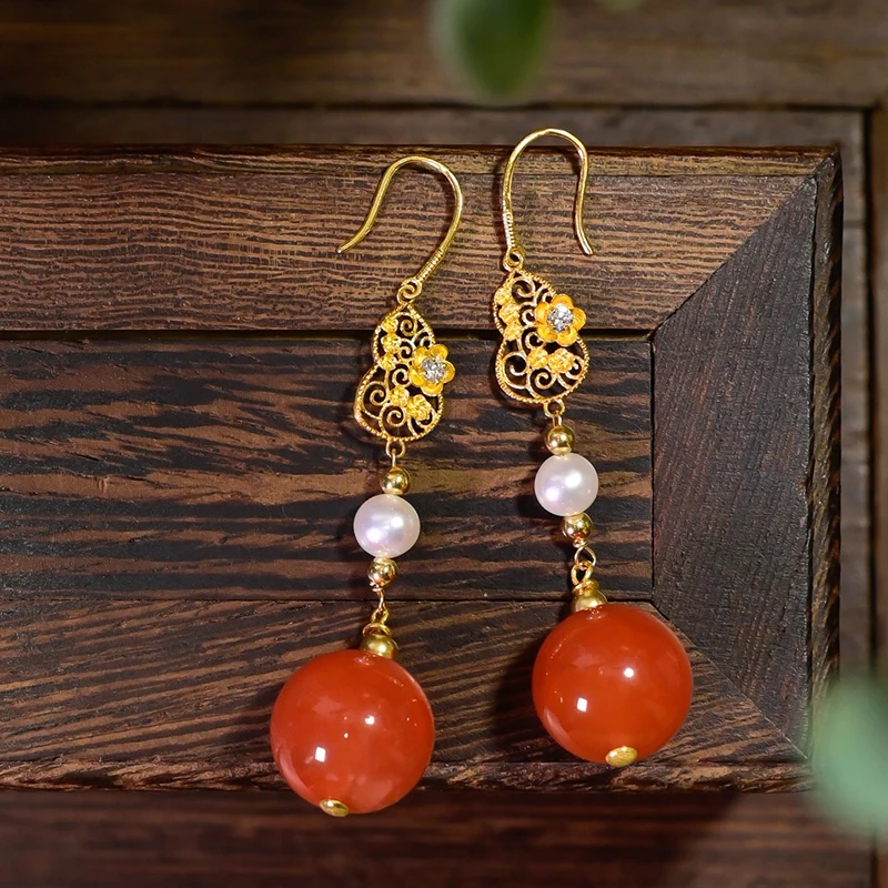 

Natural Genuine Cherry Red South Red Agate Round Bead Earrings 18K Gold Gourd Pearl Earrings Chinese Style