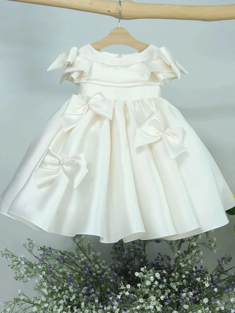 Vestidos de princesa de Color liso para niños, ropa de verano de lujo con lazo de Boda sin mangas, vestido de noche de cumpleaños para niñas blancas