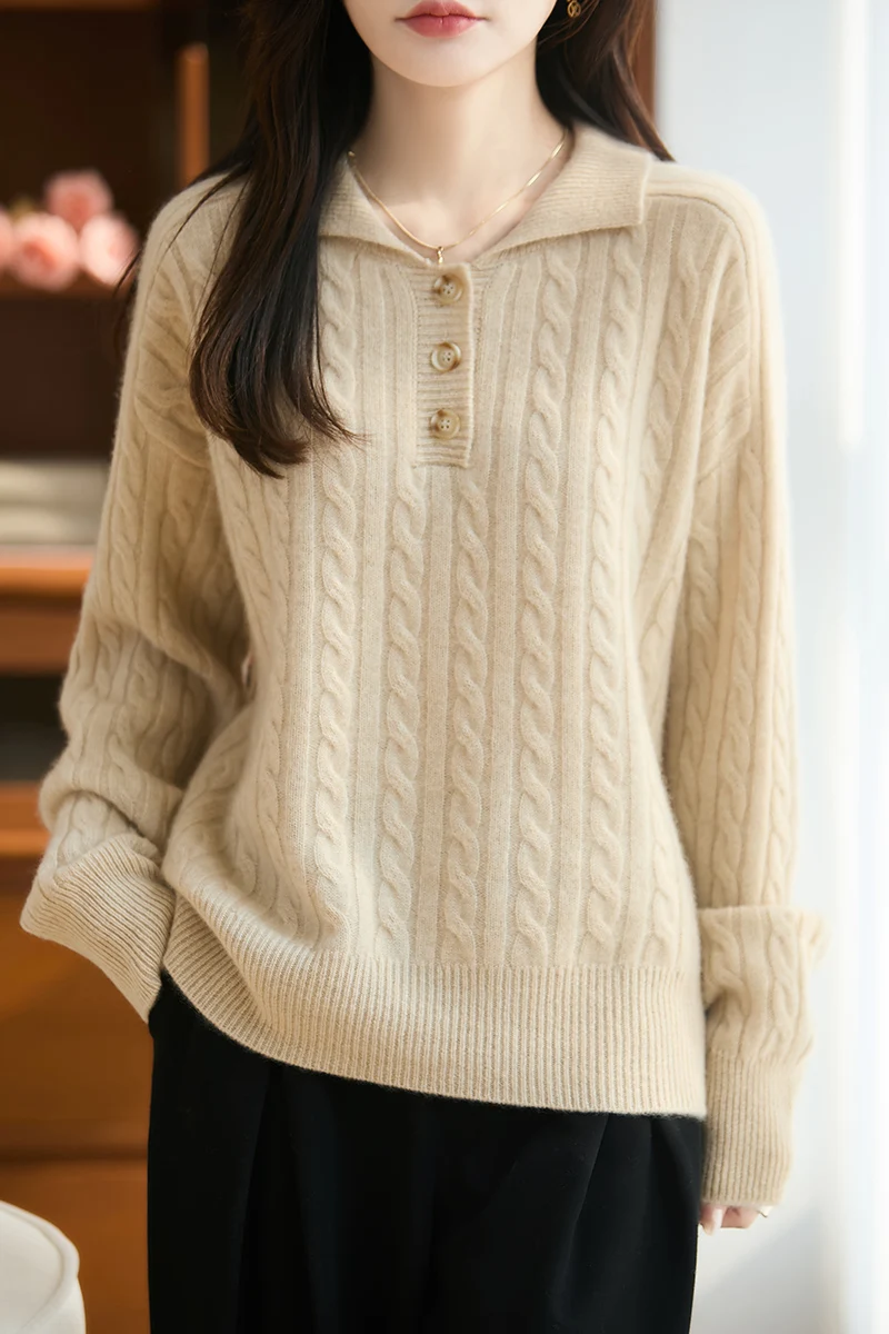 Women 100% Merino Wool Pullover Lapel Half Open Collar Sweater Autumn Winter Knitted Twisted Thick Solid Color Leisure Soft Tops