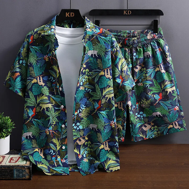 New European and American men's solid color cardigan button-down Hawaiian style casual green shirt short-sleeved suit