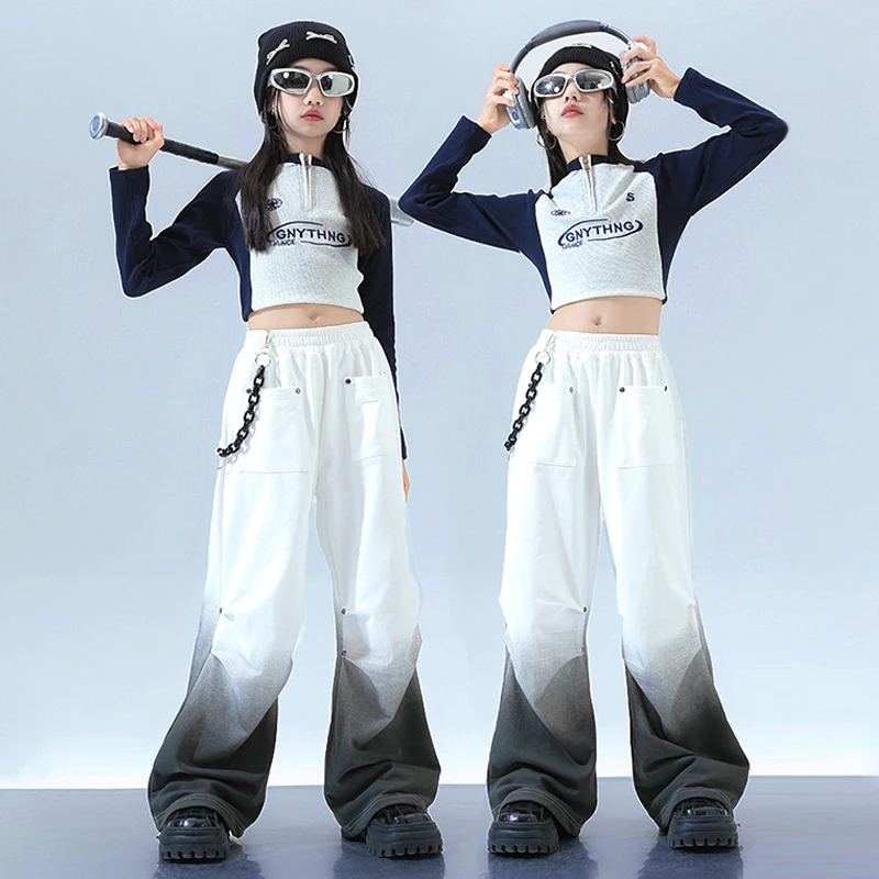 Kpop ชุดเวทีเด็กเสื้อผ้า JAZZ Dancewear Crop Tops สีขาว Shuffle กางเกง Cool Streetwear สาว Hip Hop เสื้อผ้า VDL1943